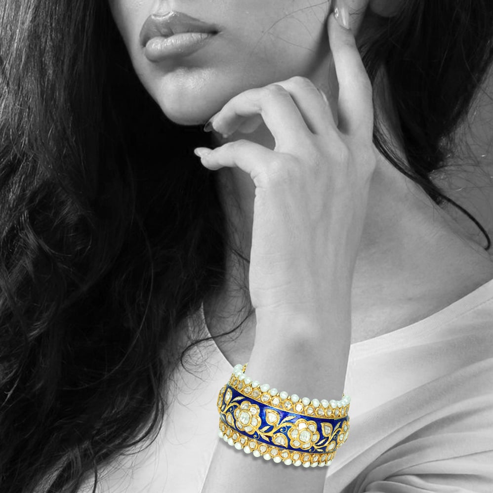 Indigo Enamel Bangle with Polki Florals and Pearl Edges